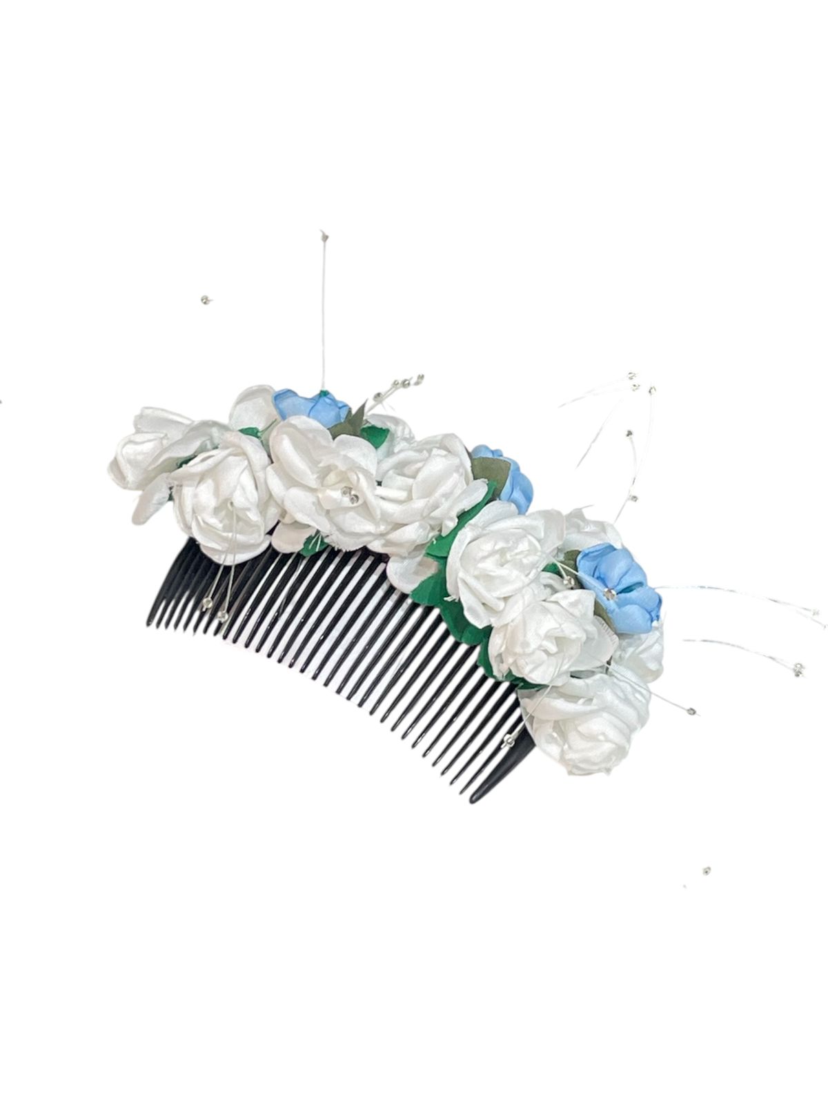 PEINETA FLORES BLANCAS CON CELESTE