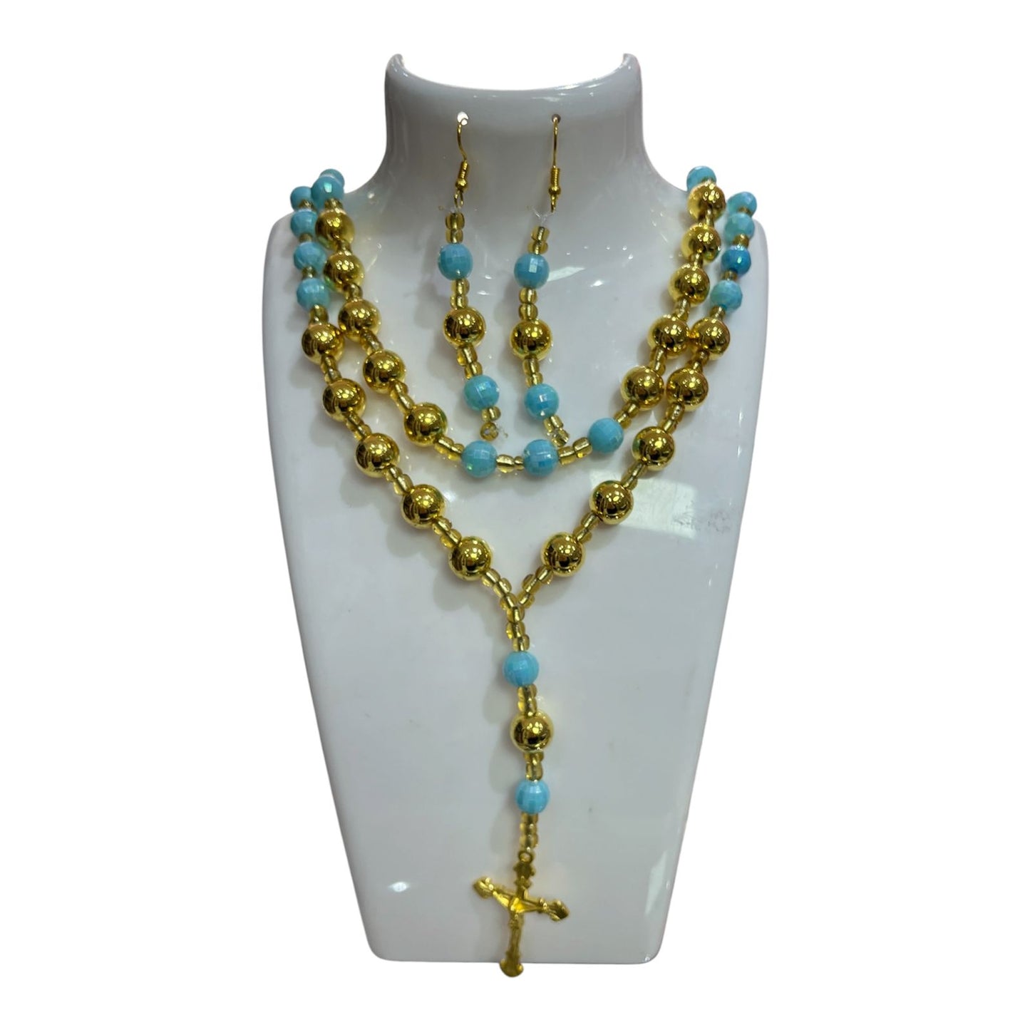 COLLAR DOBLE DORADO/CELESTE CON ARO