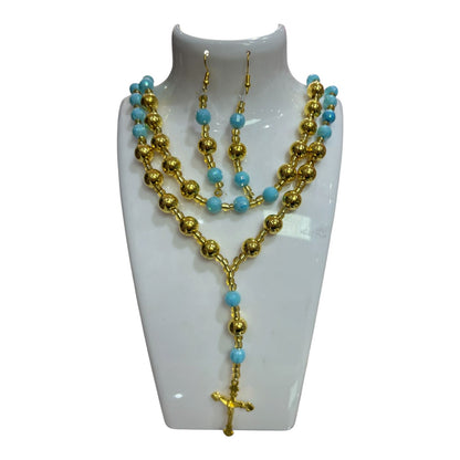 COLLAR DOBLE DORADO/CELESTE CON ARO