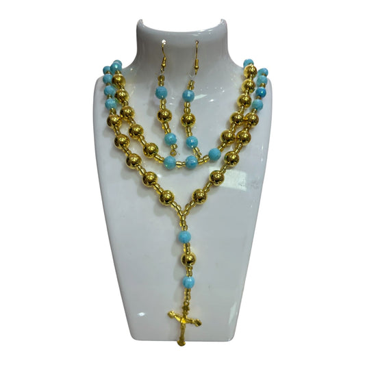 COLLAR DOBLE DORADO/CELESTE CON ARO